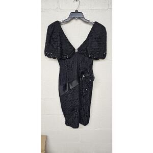 Vintage Cache Sequin Midi Prom Cocktail Dress Size 8 Bodycon Lace Overlay Black